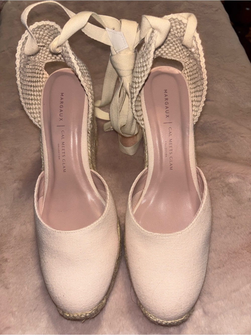 Margaux Gal meets glam  Cream Canvas Espadrille Wedge with Ankle Ties